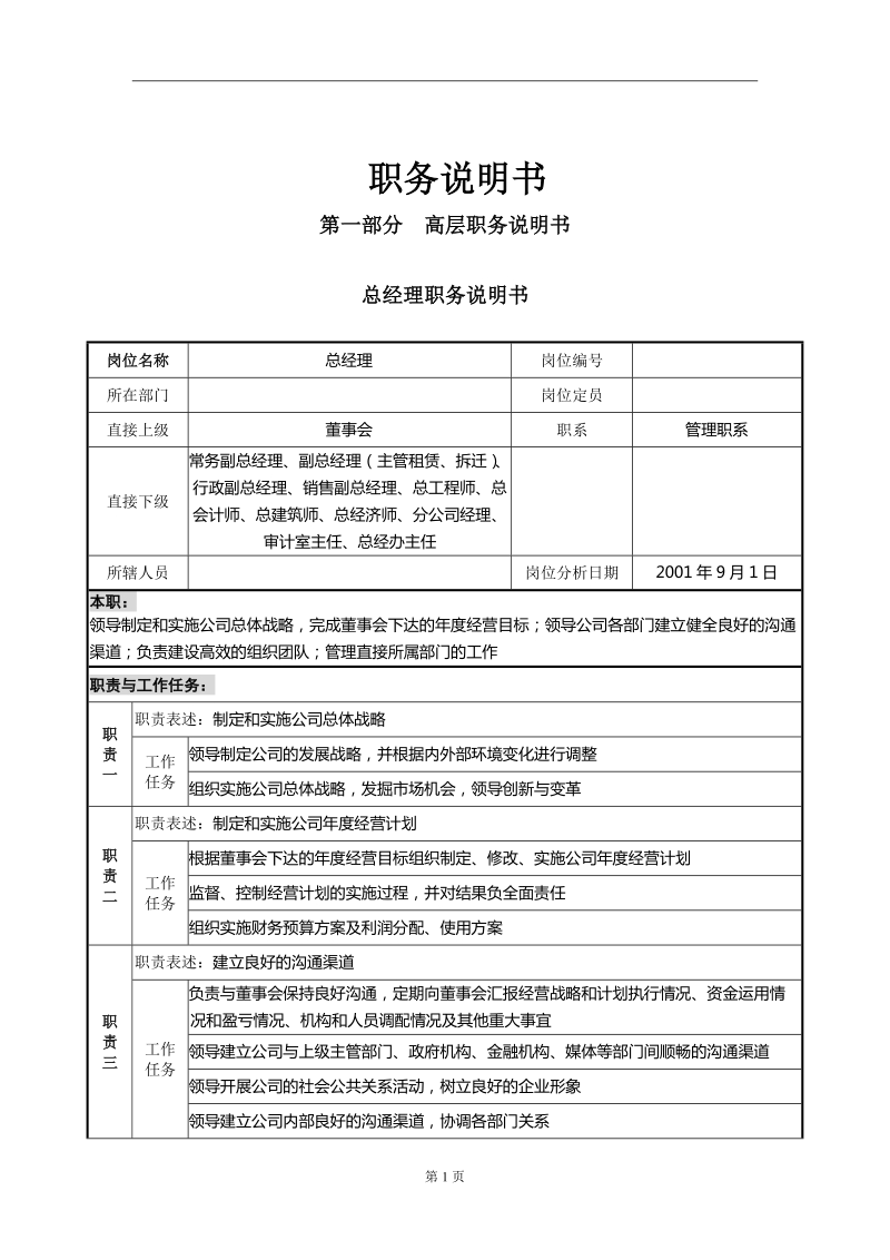 公司高、中级管理职务说明书.doc_第1页