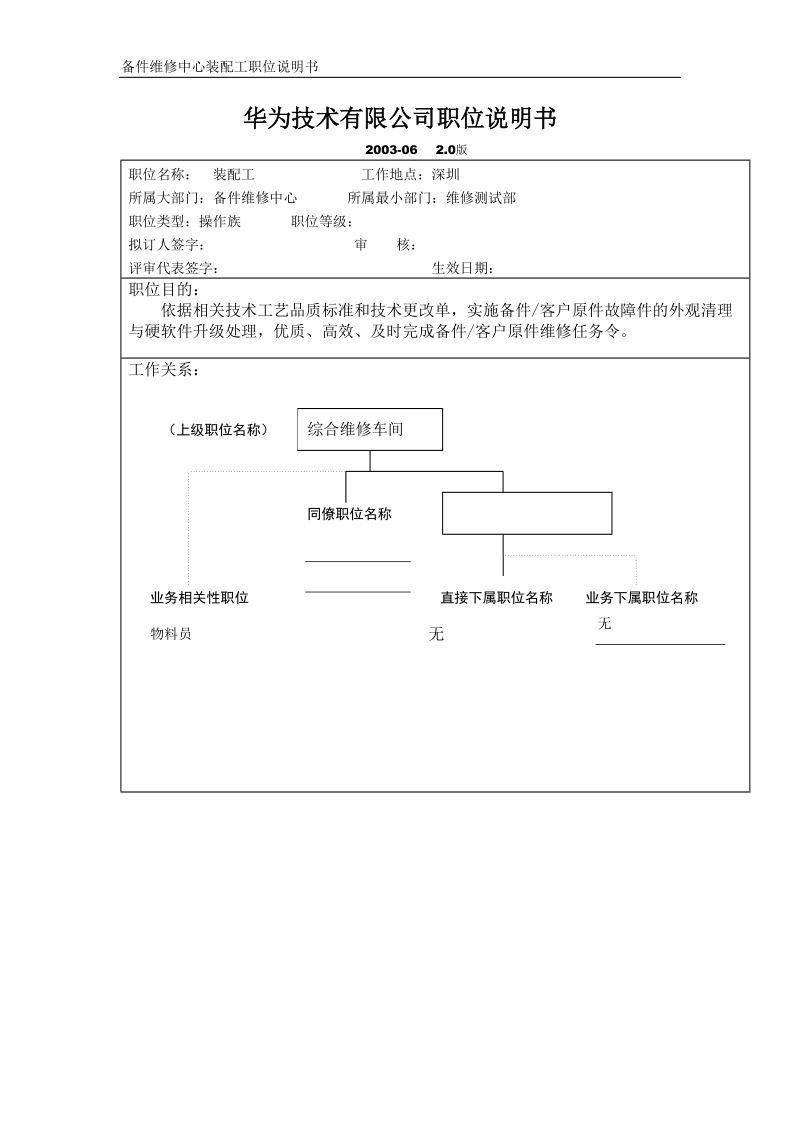 备件维修中心装配工职位说明书.doc_第1页